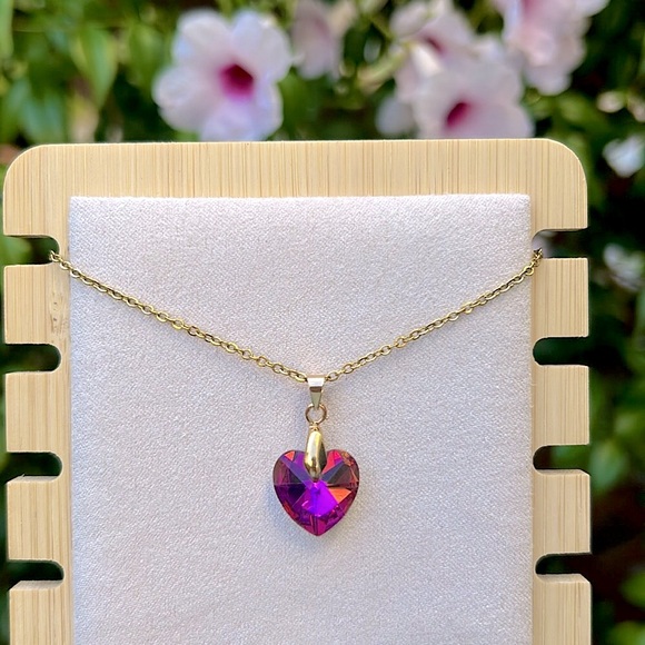 Jewelry - Violet Pink + Gold Crystal Heart Pendant Necklace